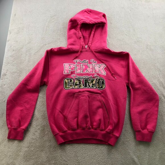 Gildan Womens Hoodie Sweatshirt Small Pullover Graphic Print Pink Drawstring - Picture 11 of 12